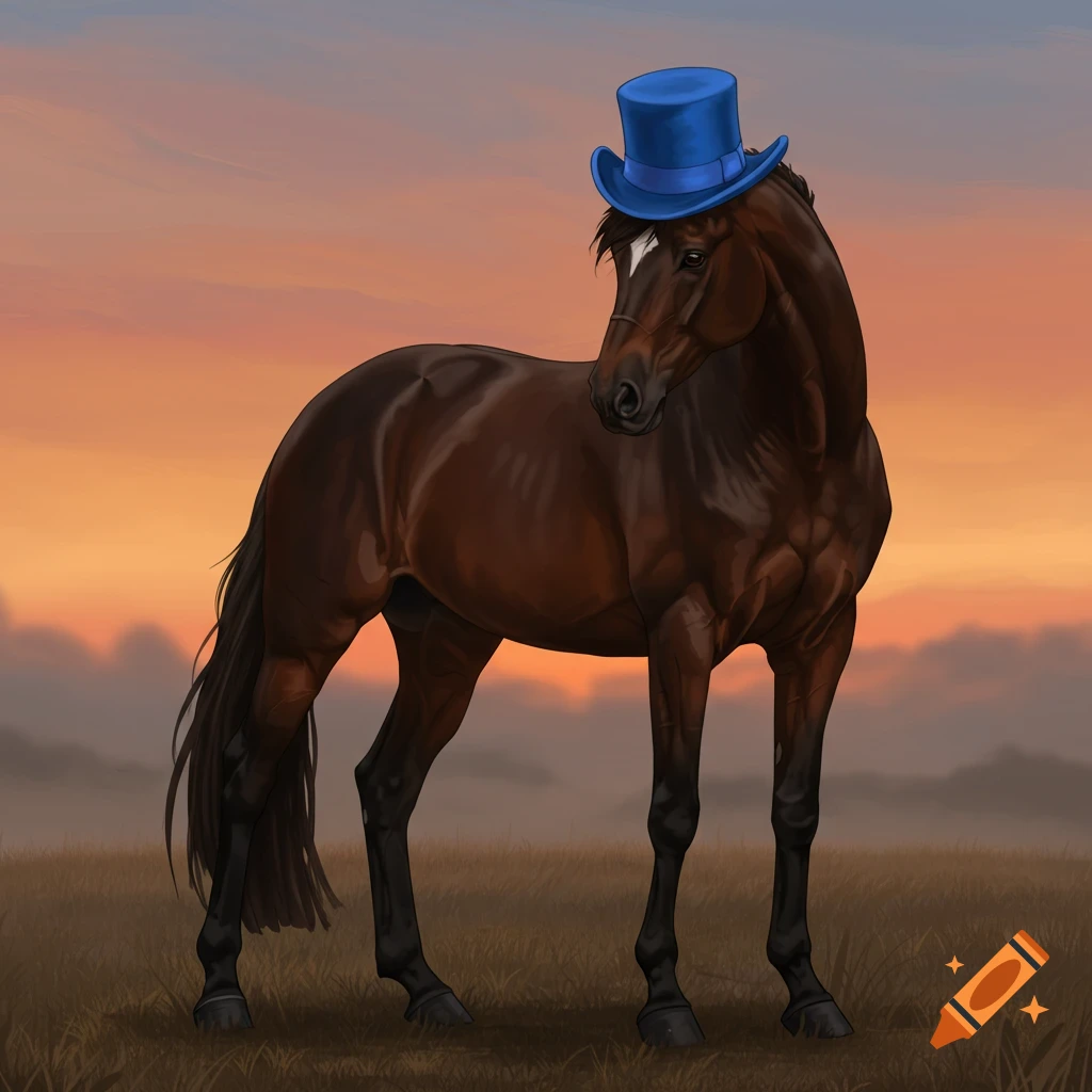 Horse wearing a blue hat