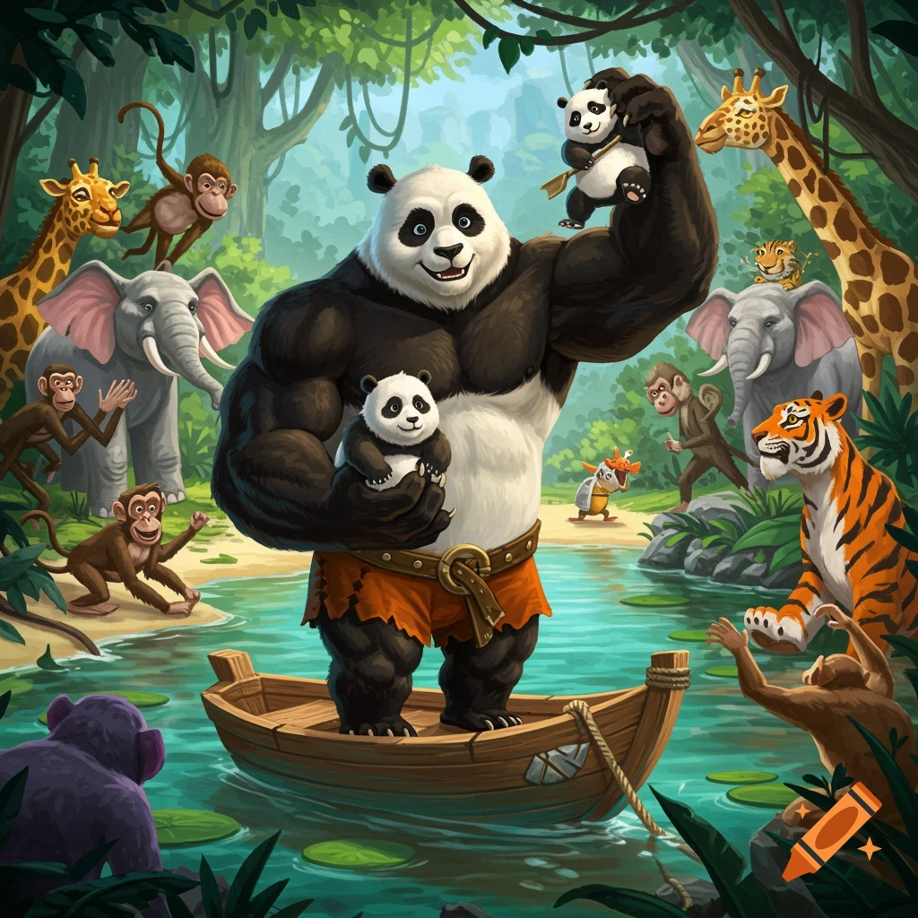 Illustration of a muscly panda holding a baby panda in a boat, watched by jungle animals clapping.