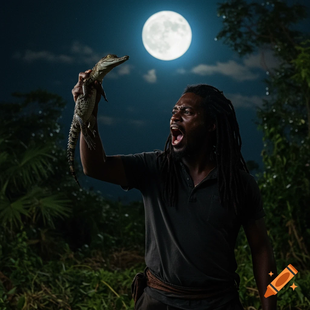 Black man with dreads holding a baby crocodile yelling at a full moon