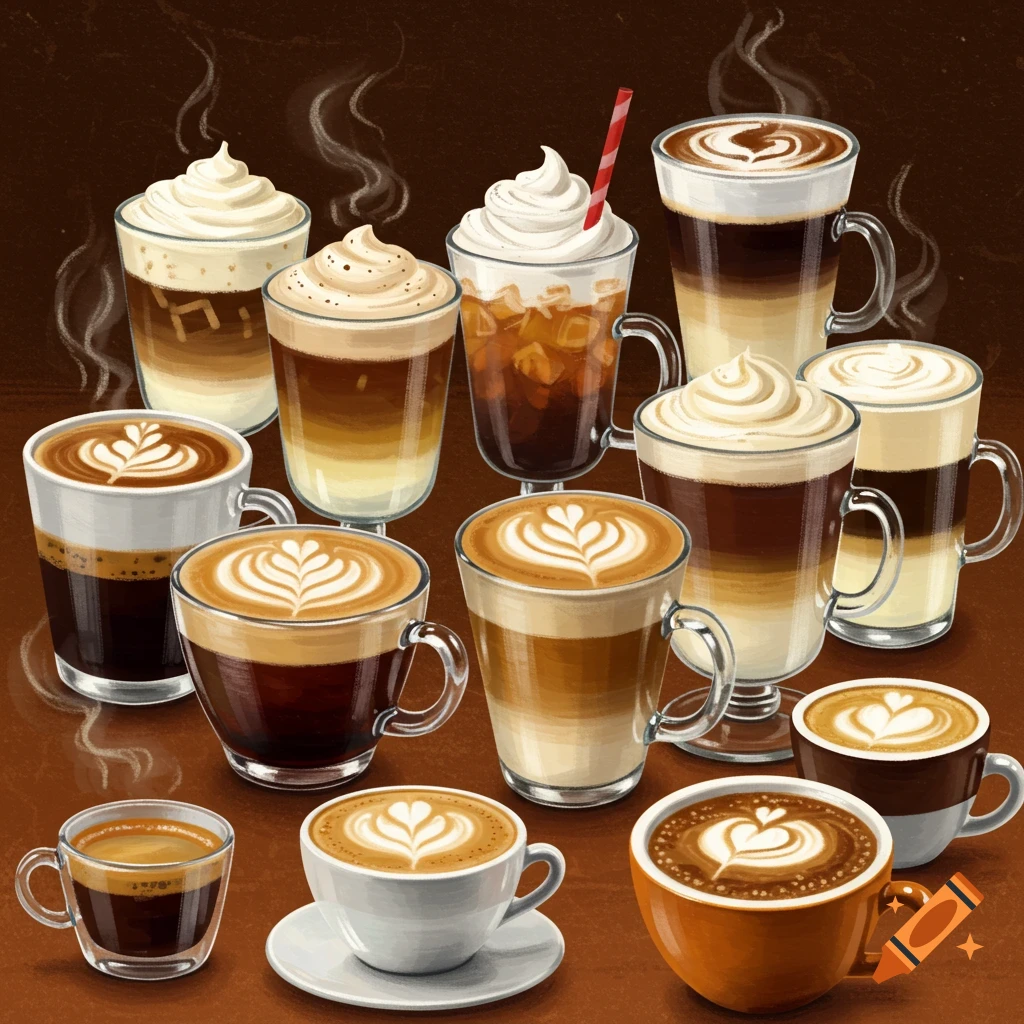 Illustration of various coffee drinks in different cups and glasses