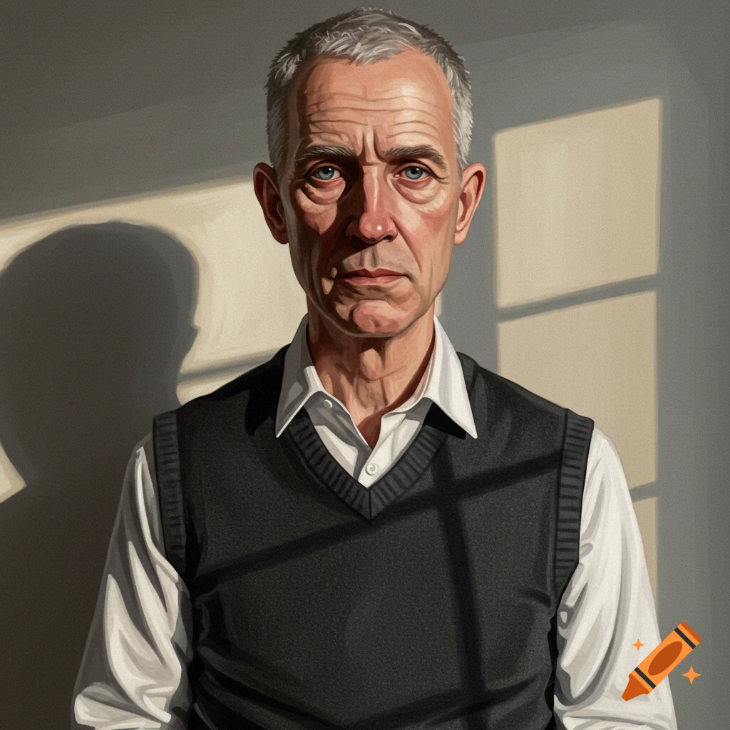 Portrait of an older man in a shirt and sweater vest standing in sunlight near a window.