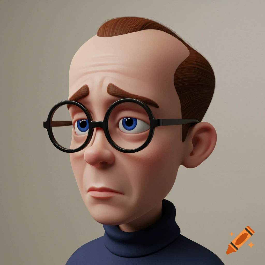 A 3D cartoon portrait of a balding man with round glasses and a turtleneck, looking worried.