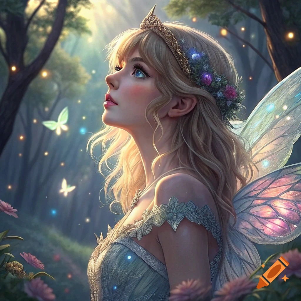Anime style illustration of a blonde fairy with wings and a crown looking up in a sunlit forest.
