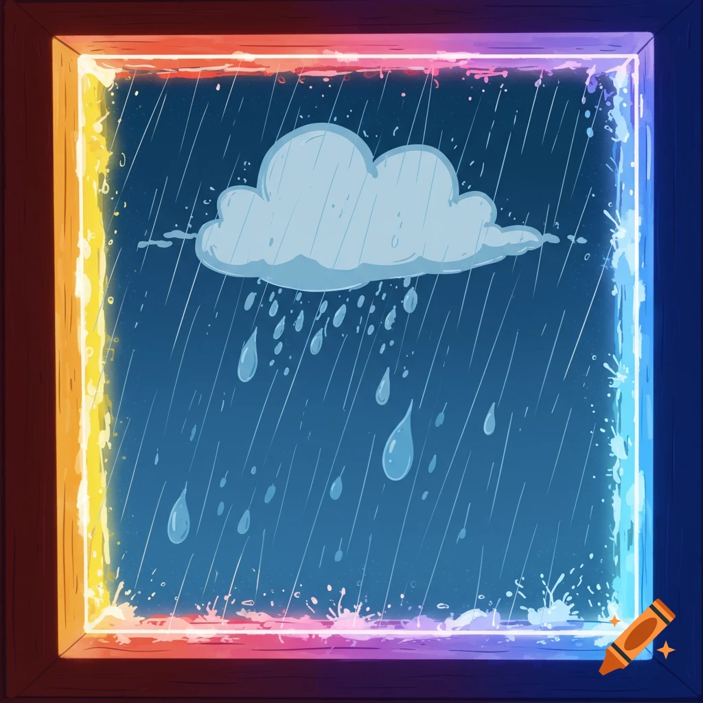 A cartoon window showing rain falling from a cloud outside, with a vibrant rainbow light effect around the inside frame.