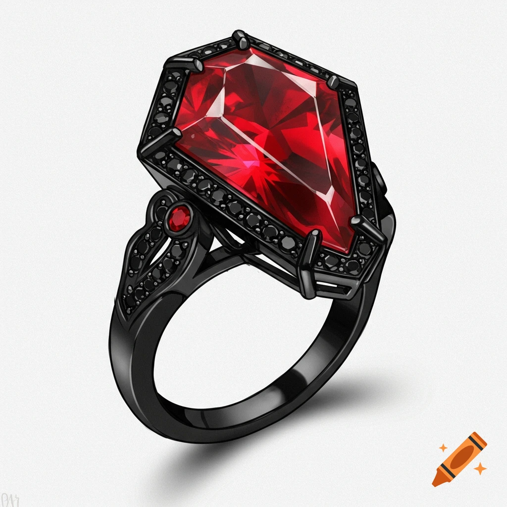 Coffin-shaped red engagement ring with black gold band and black accents