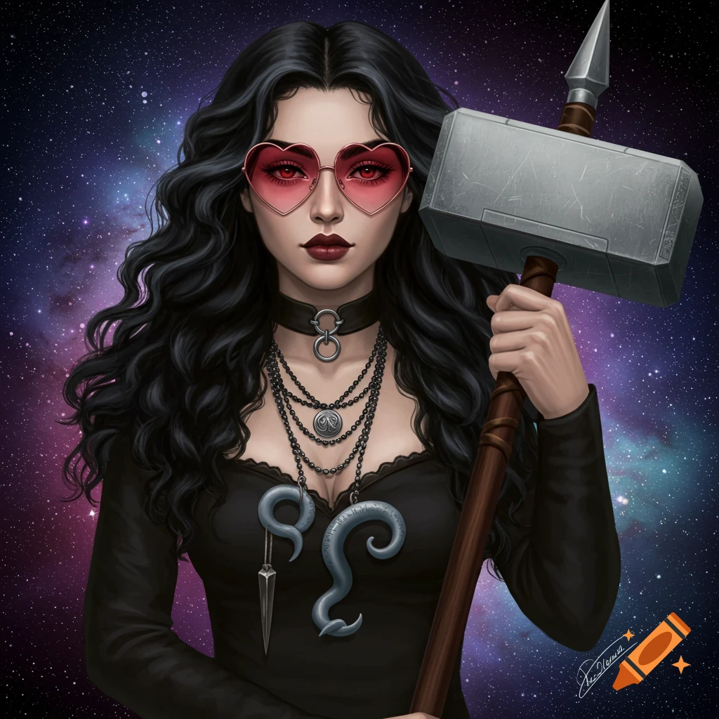 Gothic woman with heart glasses holds hammer in front of galaxy background.