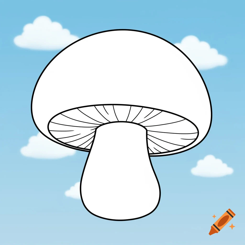 Line art drawing of a large mushroom against a sky with clouds.
