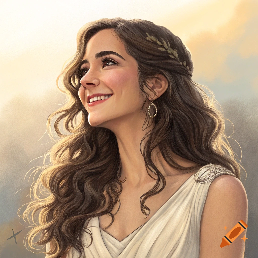 Portrait of a smiling woman in a white ancient Greek dress looking up.