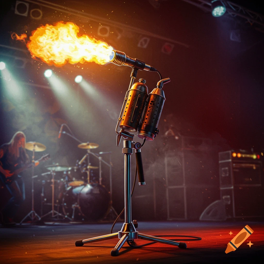 A flamethrower microphone stand on stage with flames erupting during a metal band's concert.