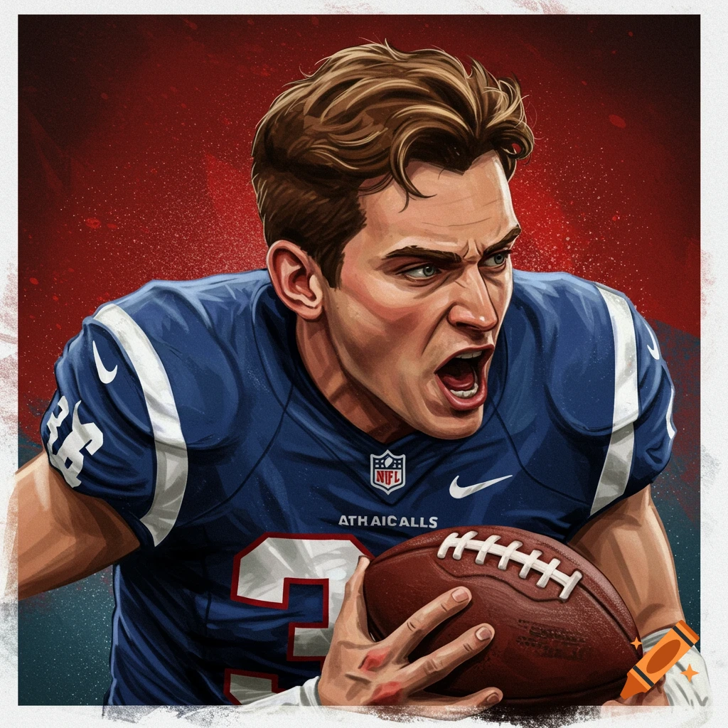 Stylized illustration of a football player in a blue jersey holding a football, looking intense against a red background.
