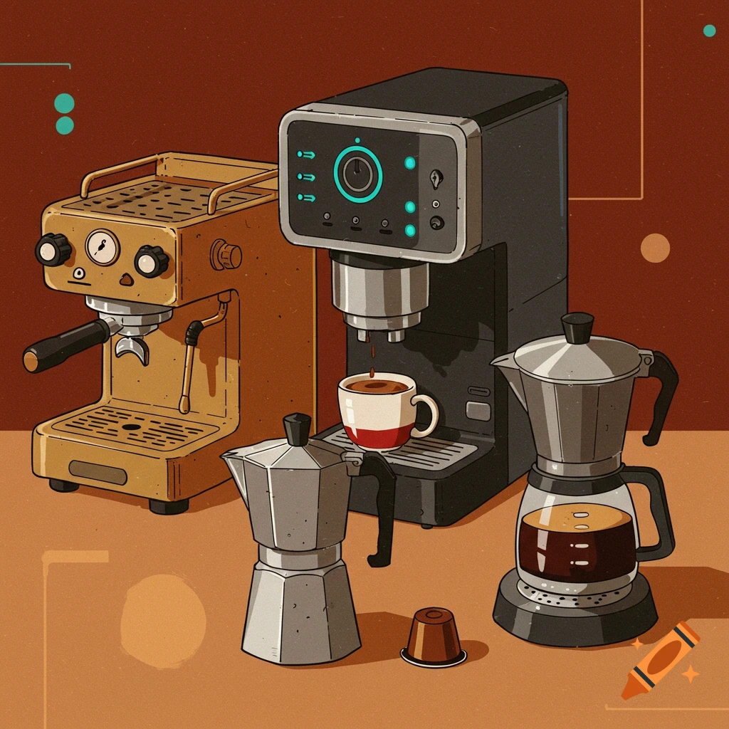 Illustration of various coffee machines and accessories, including an espresso machine, a drip coffee maker, and moka pots.