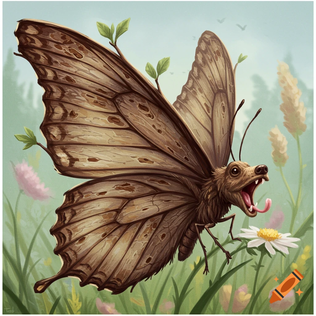 Illustration of a butterfly with a barking dog head flying through a meadow.