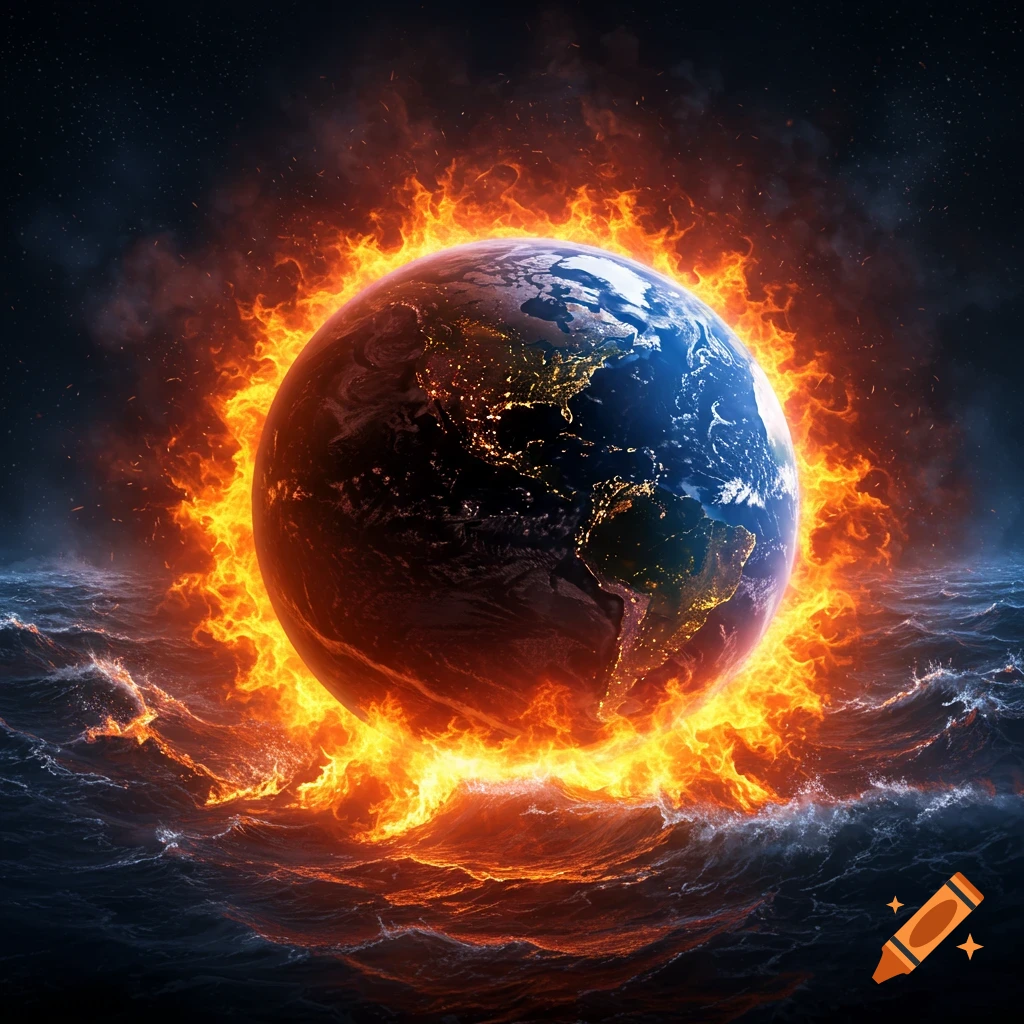 Stylized Earth surrounded by flames in rough dark ocean waves under a starry night sky