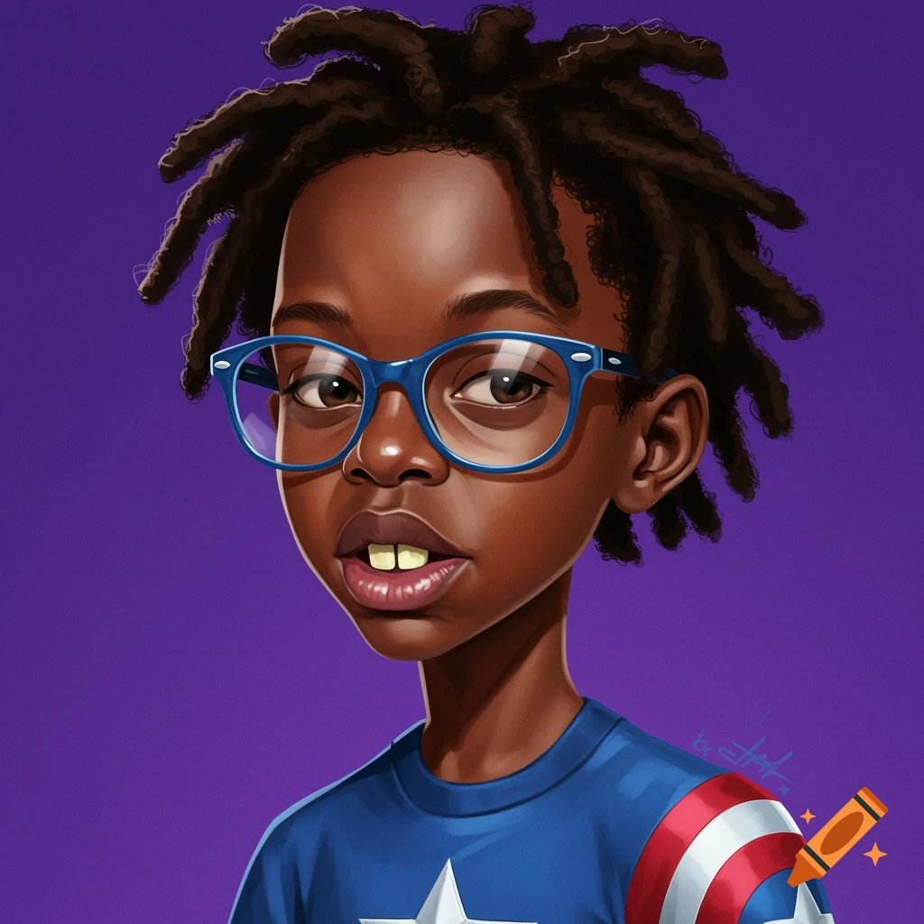 Illustration of a boy with dreadlocks and glasses wearing a Captain America shirt.