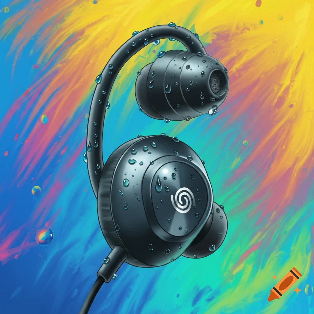 Black earbuds covered in water droplets against a vibrant watercolor background. Illustrative style.