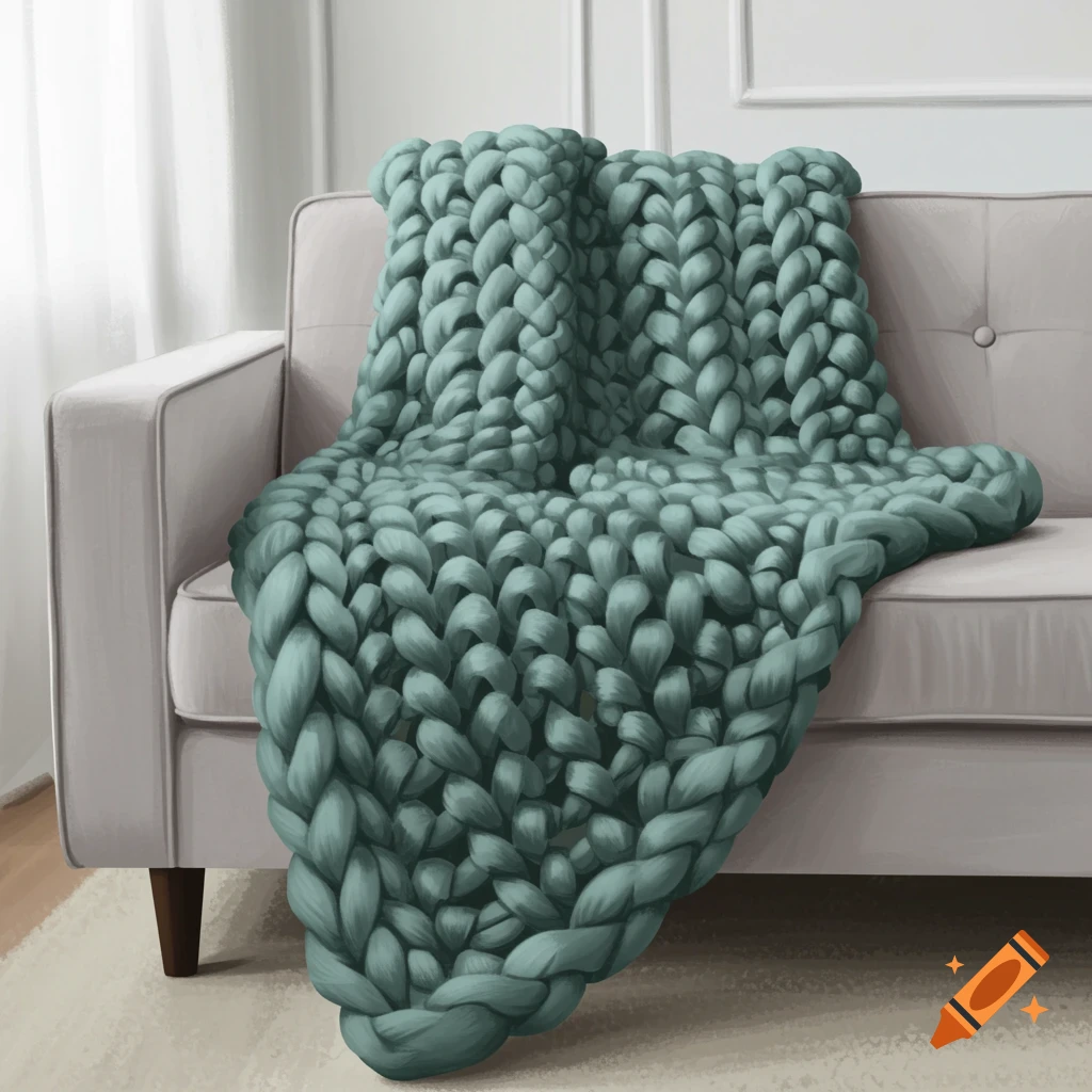 Thick yarn blanket draped over a couch