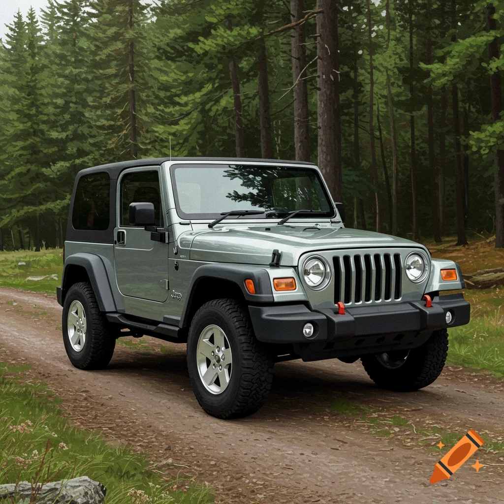 1999 Jeep Wrangler TJ on a forestry road, slightly modified for off-roading. Gunmetal pearl color paint job. Side angle view of vehicle in forestry.