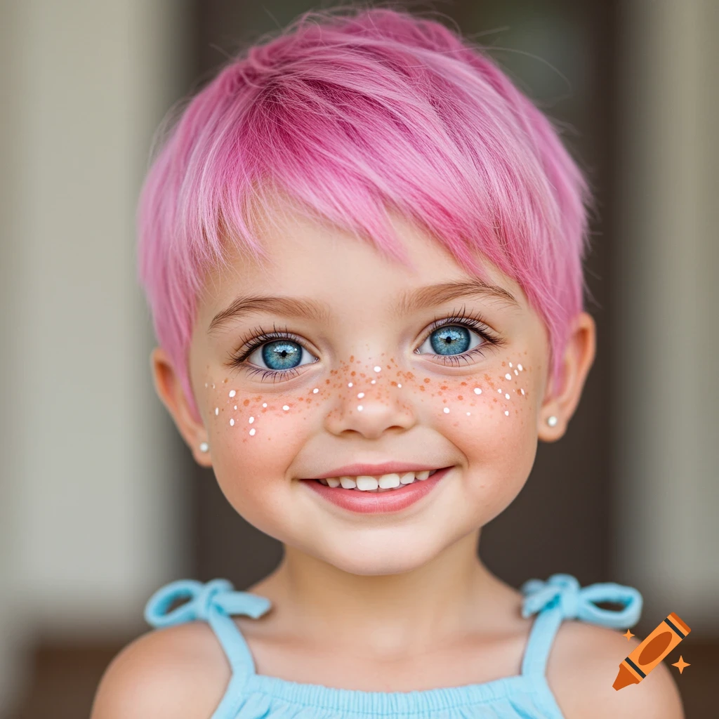 Close-up photorealistic portrait of a smiling young girl with blue eyes, pink hair, and freckles with white dots on her cheeks.