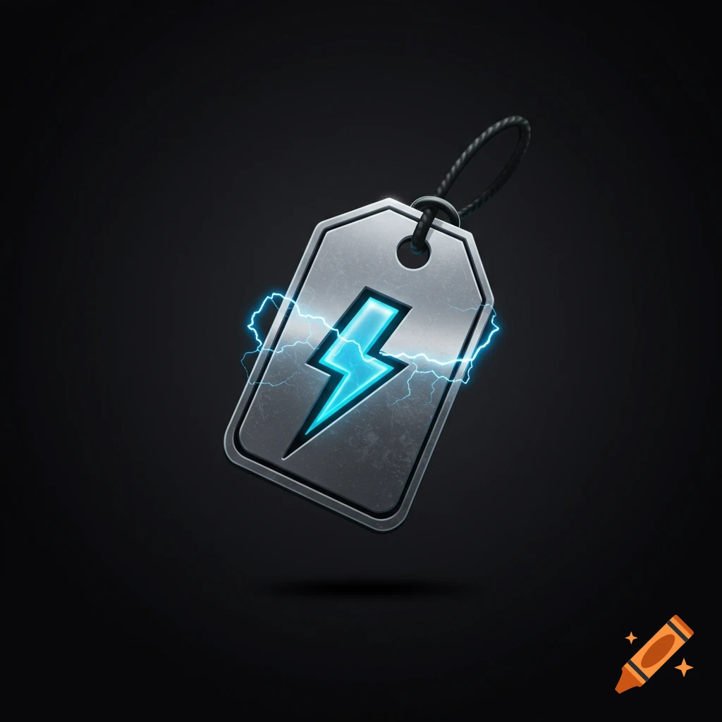 A metallic tag with a glowing blue lightning bolt and electrical arcs.