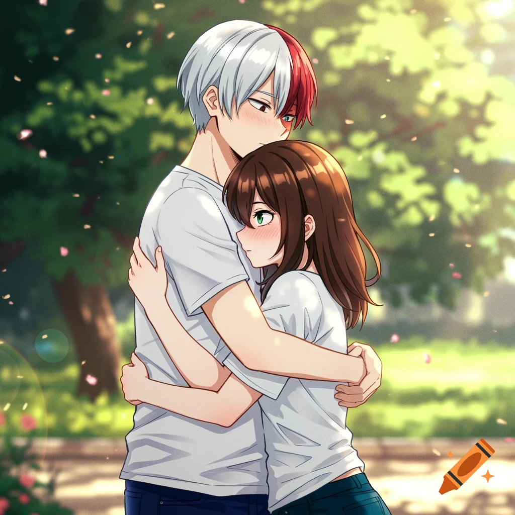 Anime style image of Shoto Todoroki hugging a girl with brown hair and green eyes in a park.