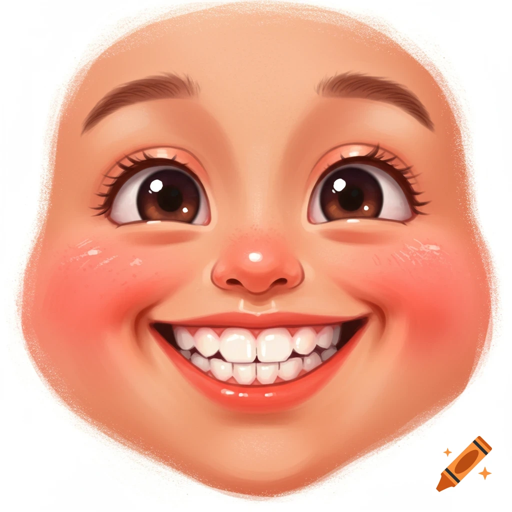 Close-up illustration of a smiling face with rosy cheeks and eyes looking up.