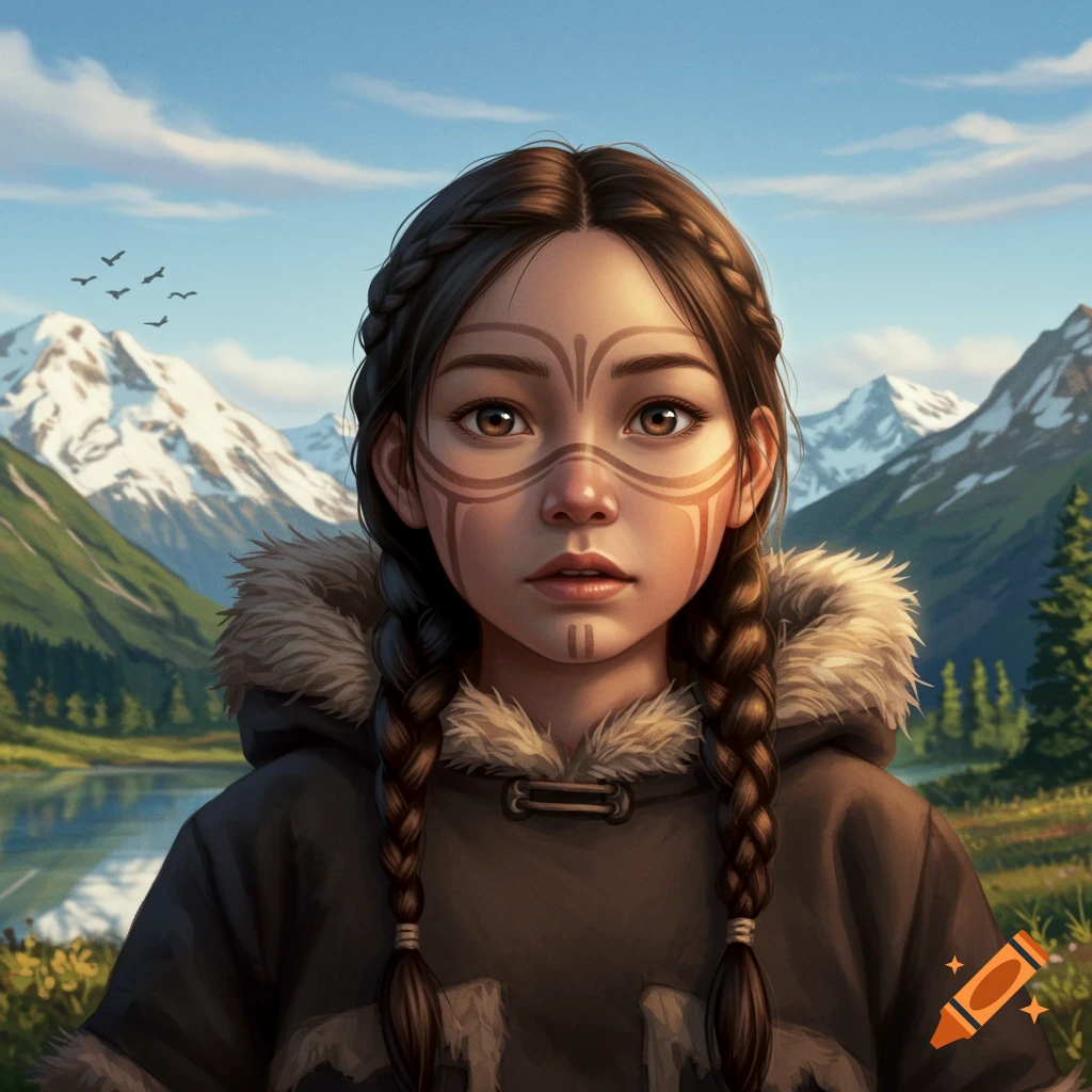 Portrait of an indigenous girl with facial markings in a mountain landscape.