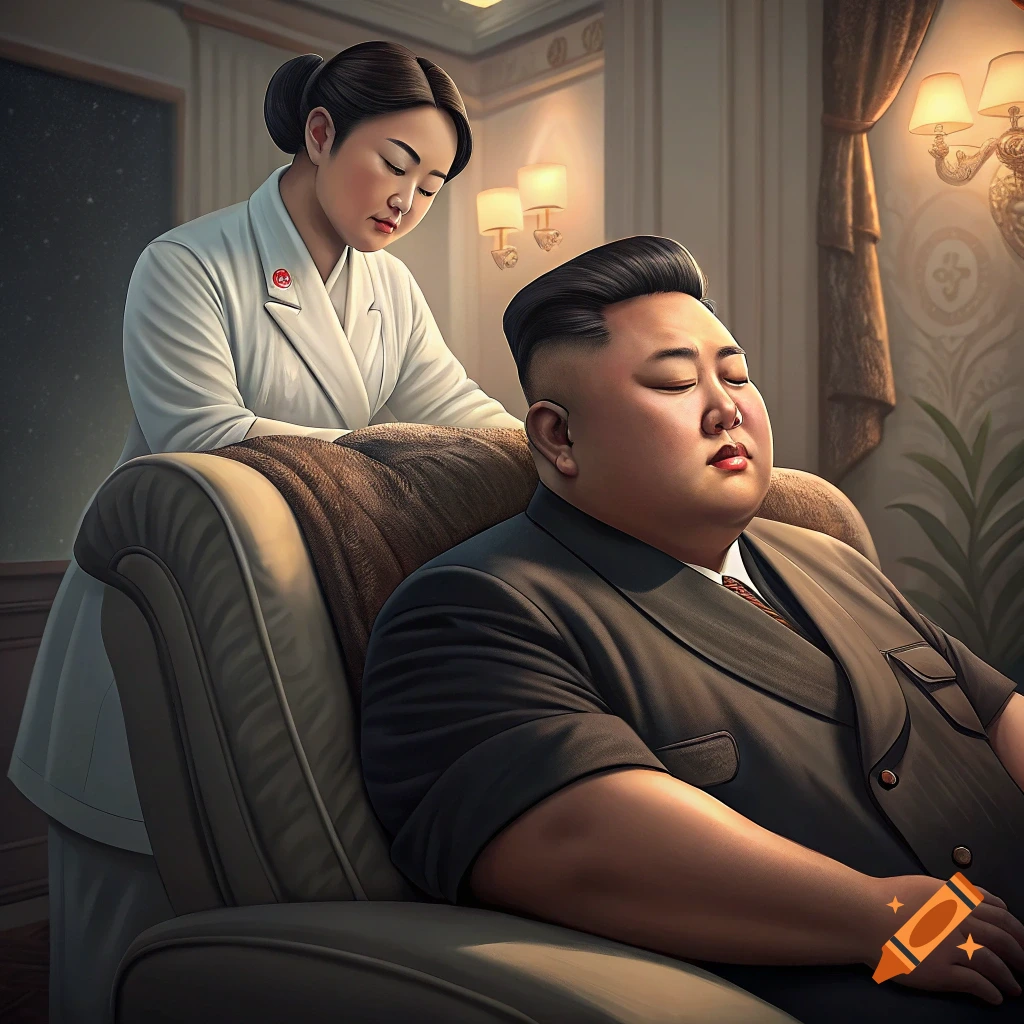Kim Jong Un receives a back massage from a woman in a white uniform in a room, rendered in a realistic style.