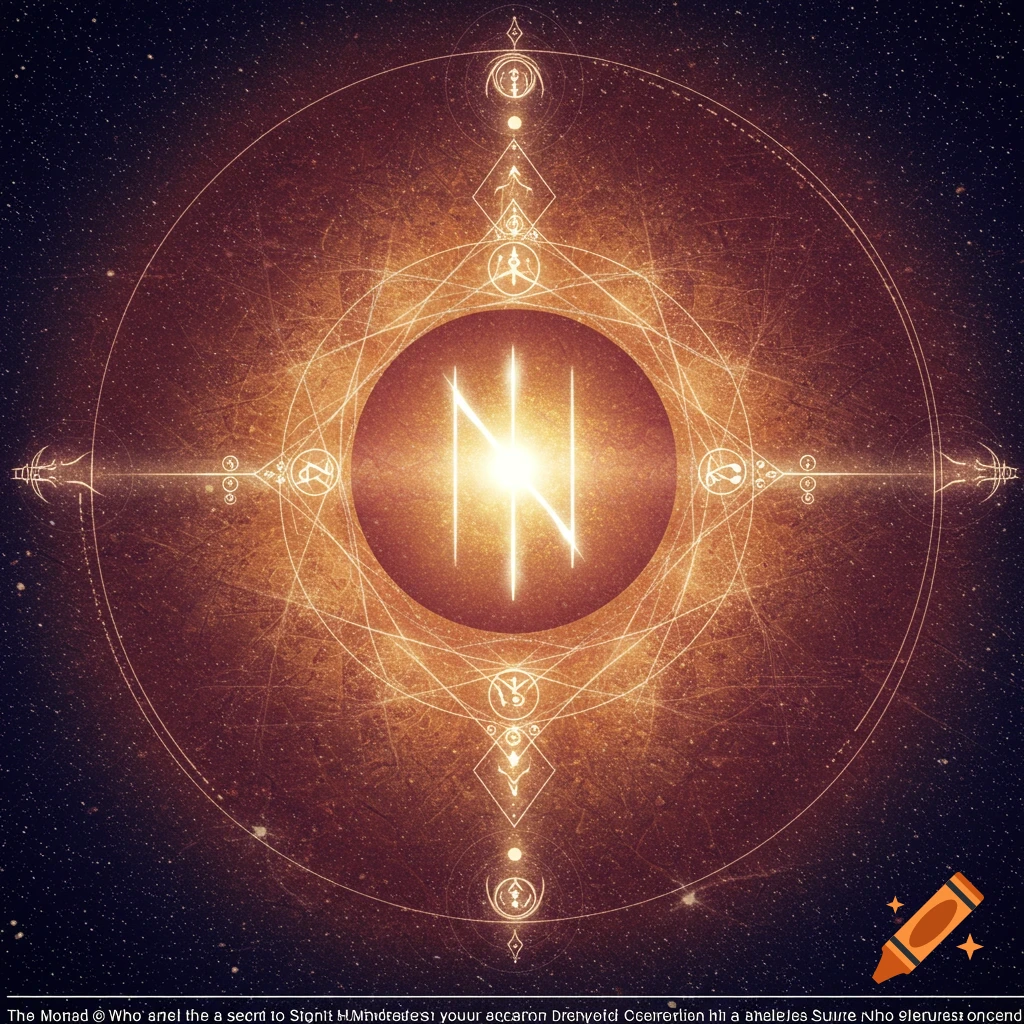 A glowing geometric spiritual symbol with surrounding intricate lines overlaid on a starry cosmic background.