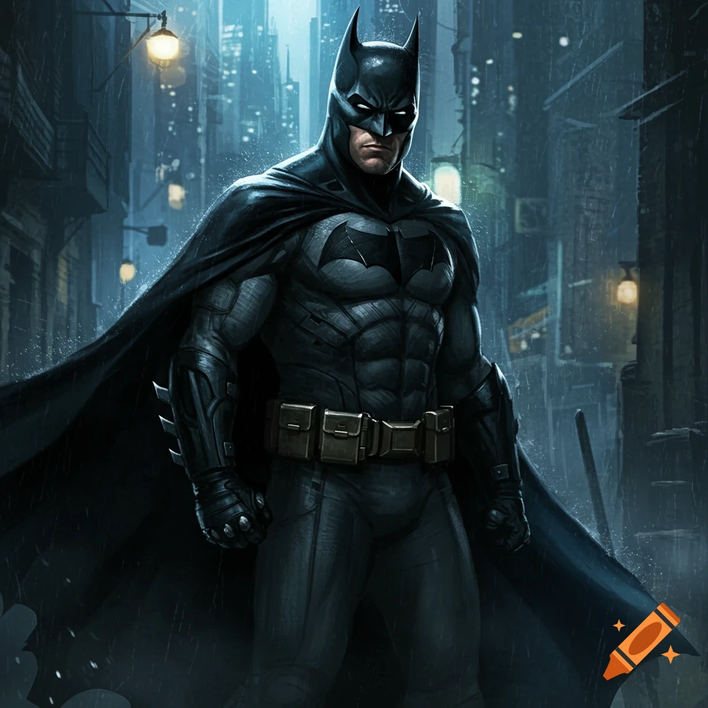 An illustration of Batman standing in a rainy city street at night.