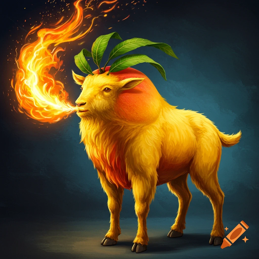 A fluffy yellow goat-mango hybrid creature breathing fire.