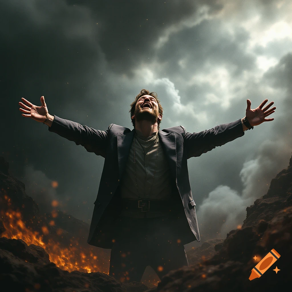 A man with outstretched arms looks up in a dramatic fiery landscape under a stormy sky.