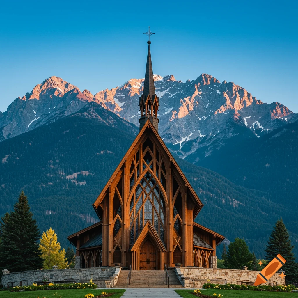 A wooden chapel stands before sunlit mountains in a valley.