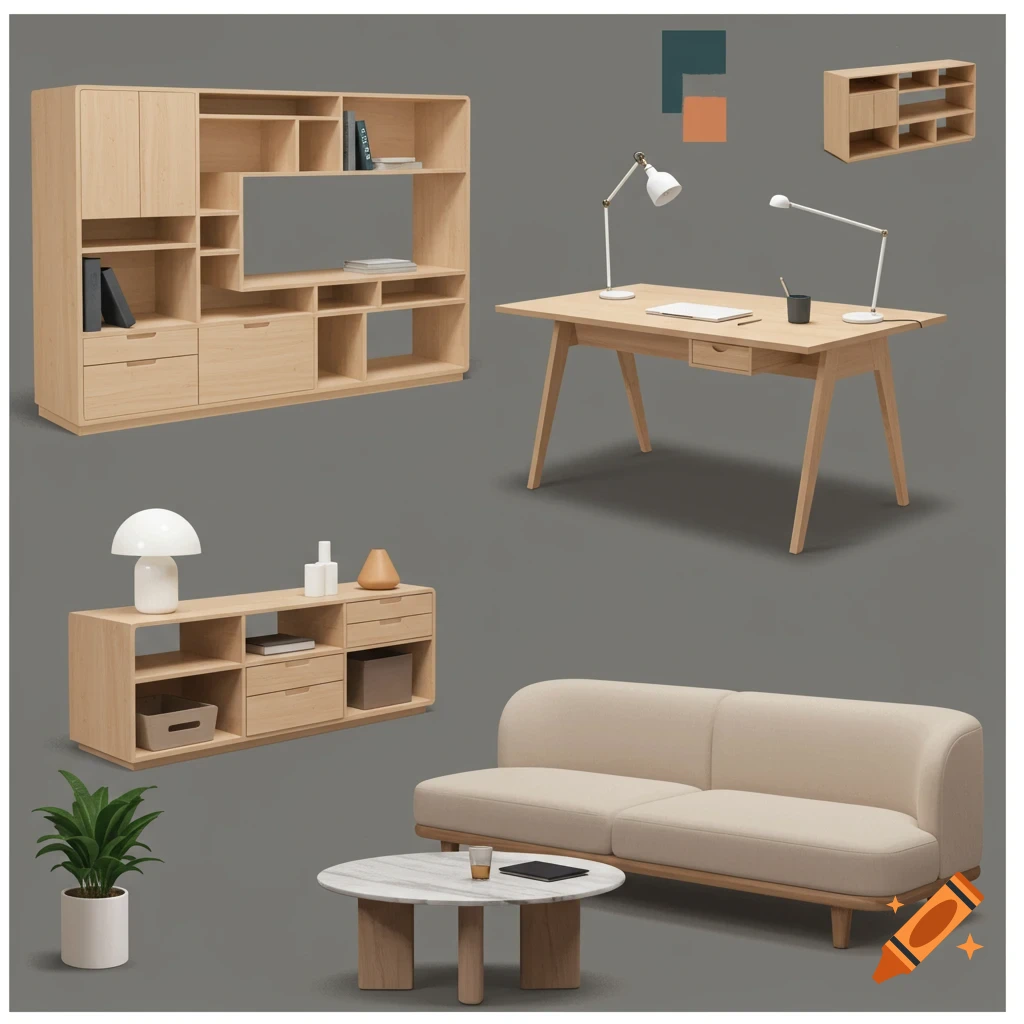 A collection of minimalist light wood furniture, including a shelving unit, desk, media console, sofa, coffee table, and plant.
