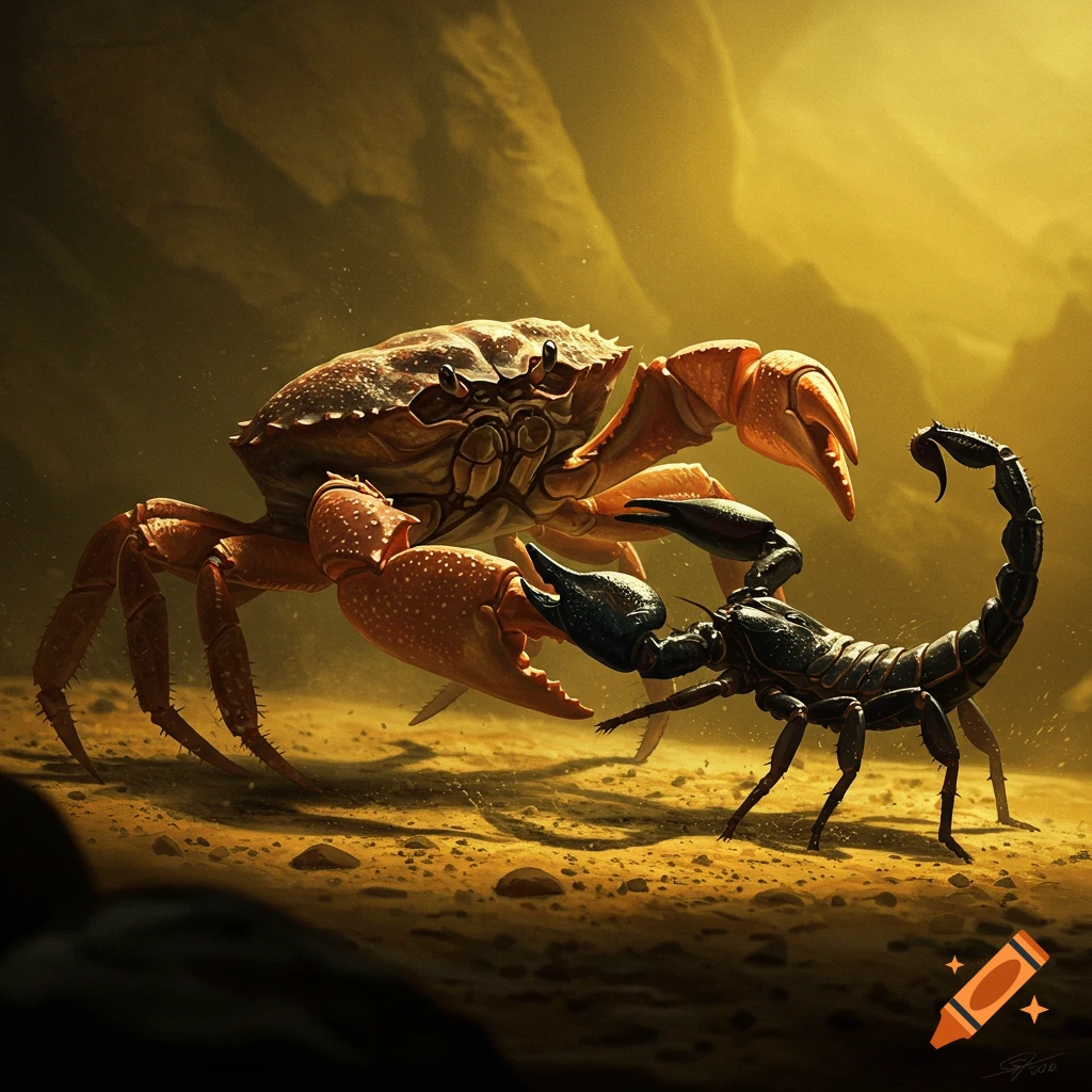 A crab and a scorpion face off in a sandy, illuminated arena.