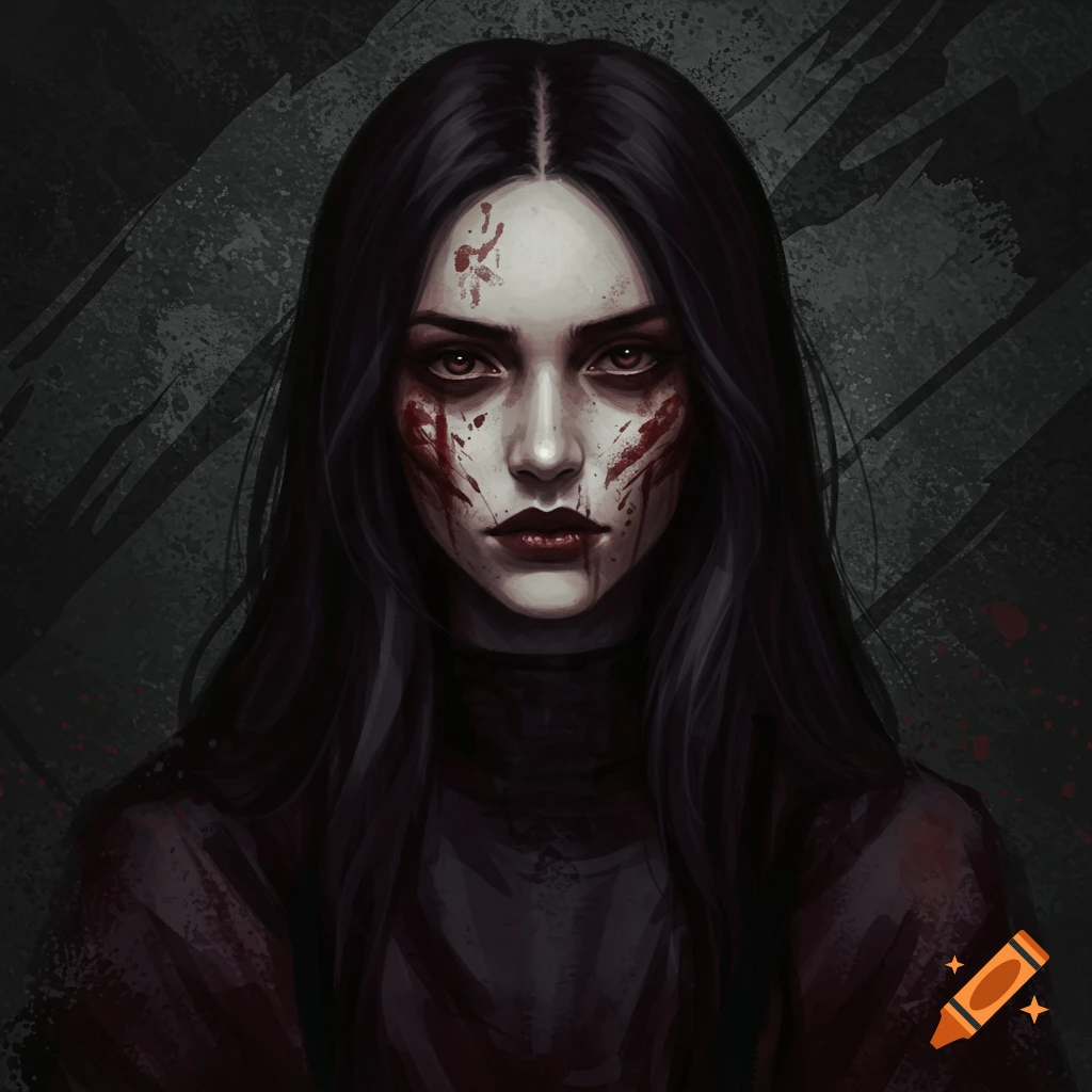 Portrait of a woman with long dark hair and blood smeared on her face in a dark, brooding style.