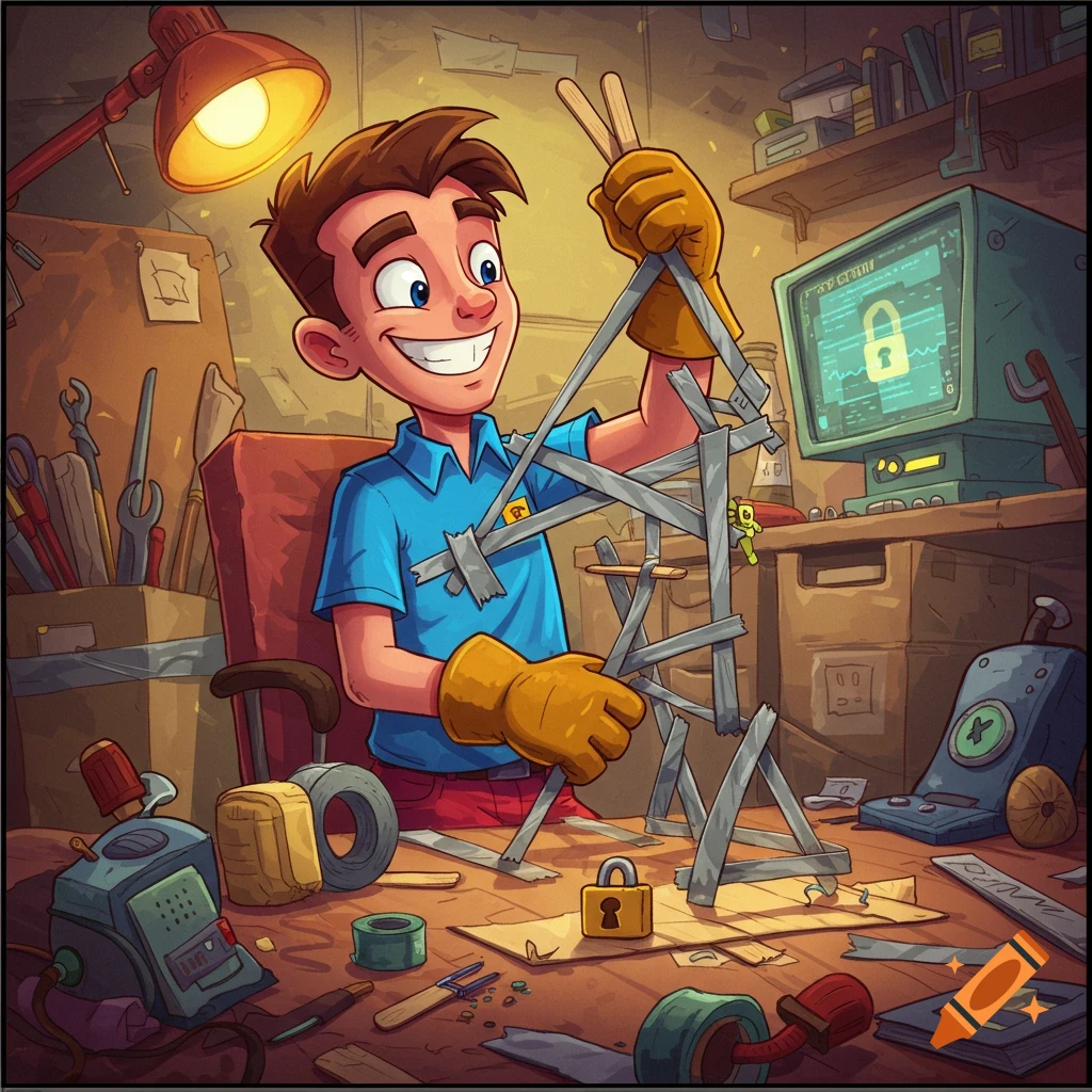 Cartoon boy builds a structure with tape and sticks in a workshop.