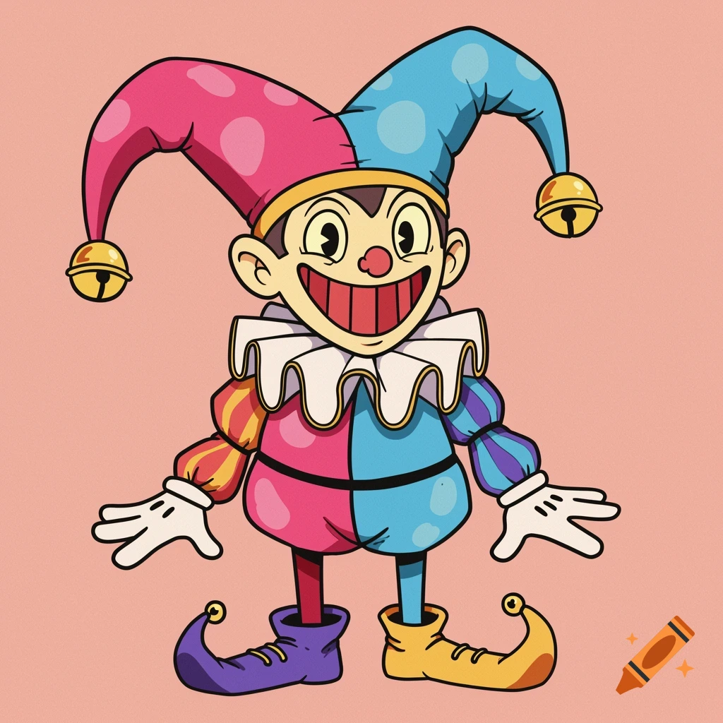 A colorful cartoon jester with a jingle bell hat and a wide smile.