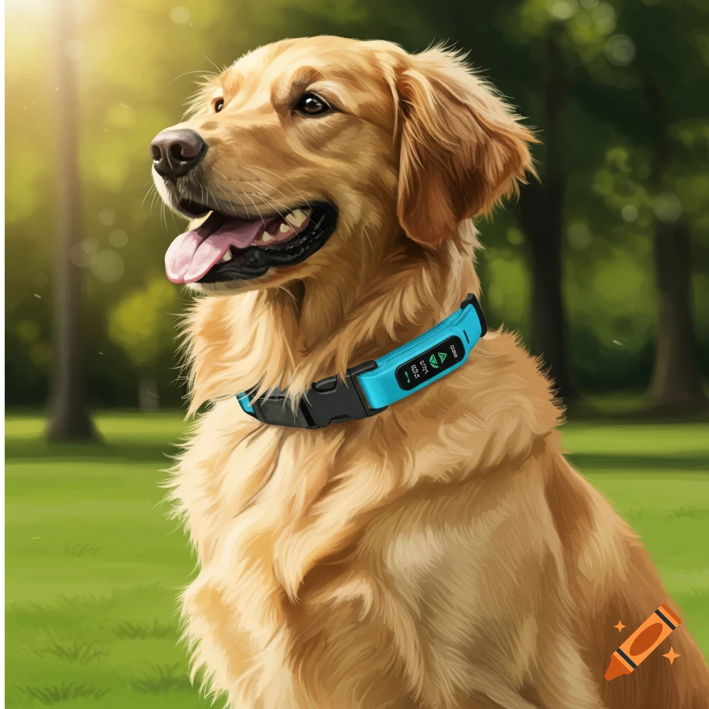 A golden retriever wearing a smart collar sits in a park.