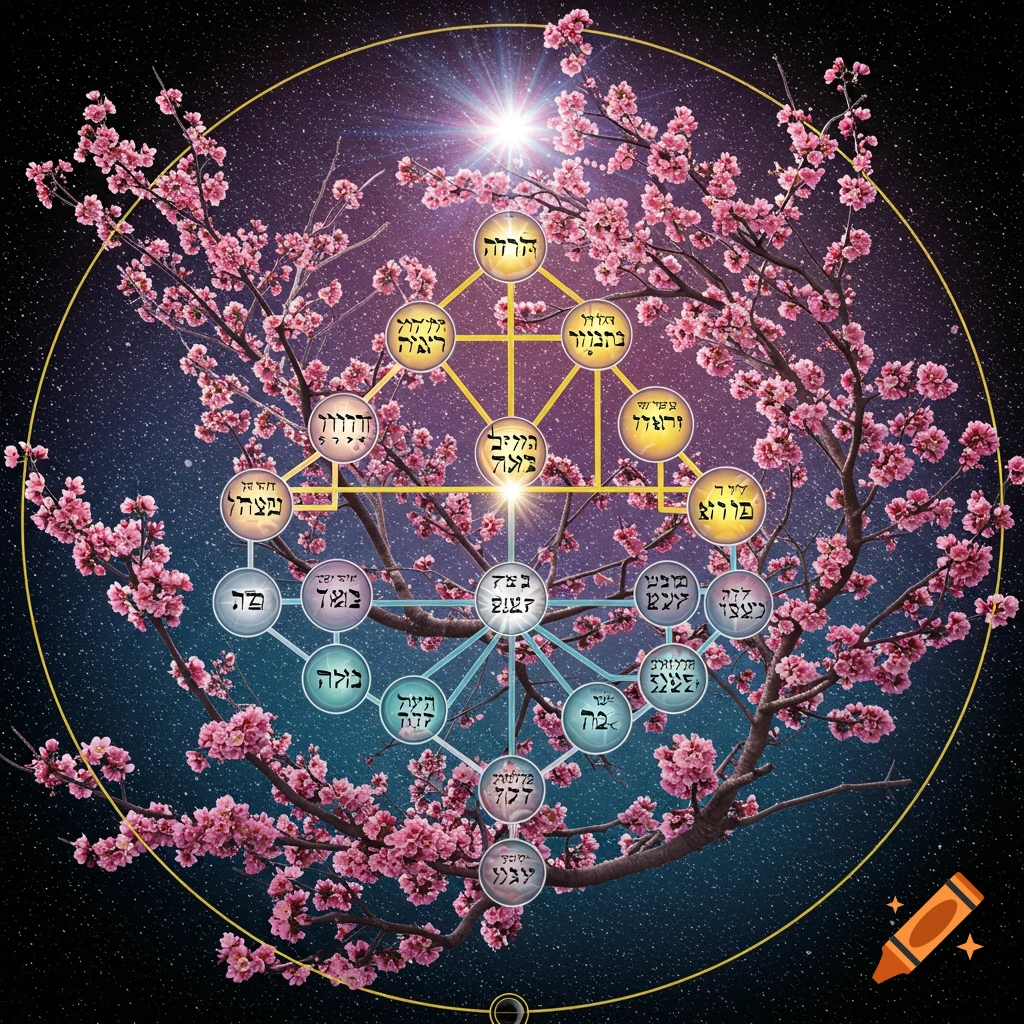 Kabbalistic Tree of Life diagram with Hebrew text, overlaid on cherry blossoms and a starry space background.