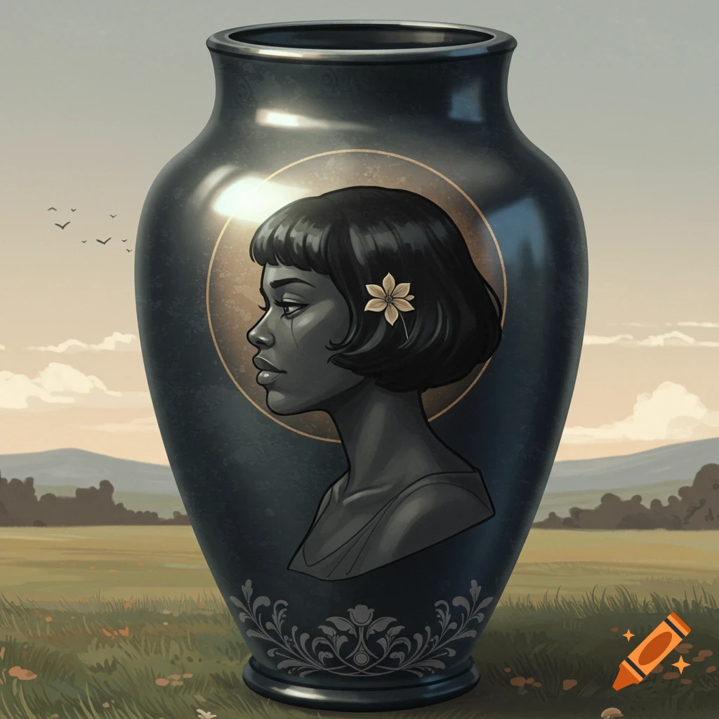 An illustration of a black woman's profile portrait on a vase in a grassy field.