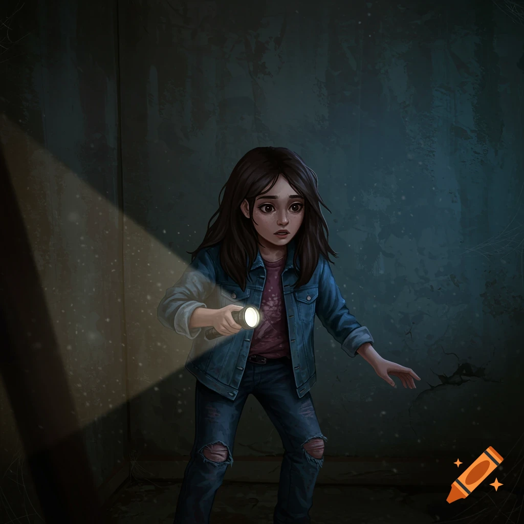 Illustration of a young girl looking scared while holding a flashlight in a dark room.