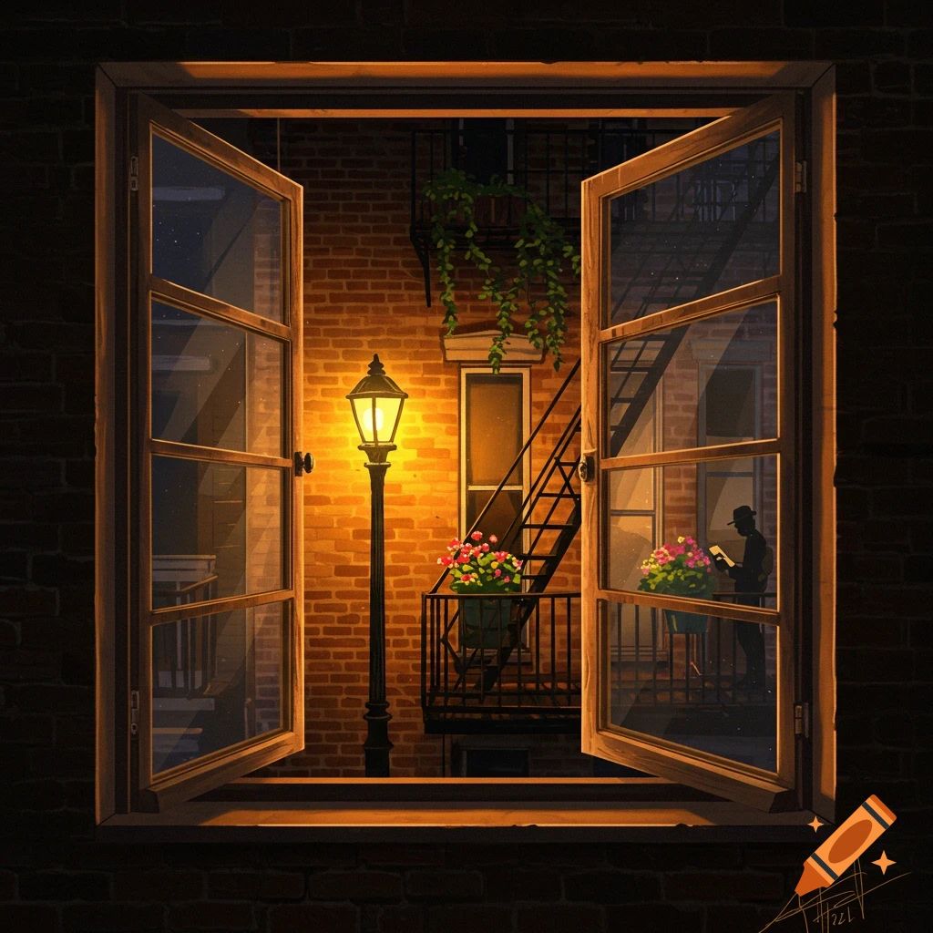 View from a window onto a dimly lit urban street scene with a lamppost, fire escape, and a silhouetted figure reading.