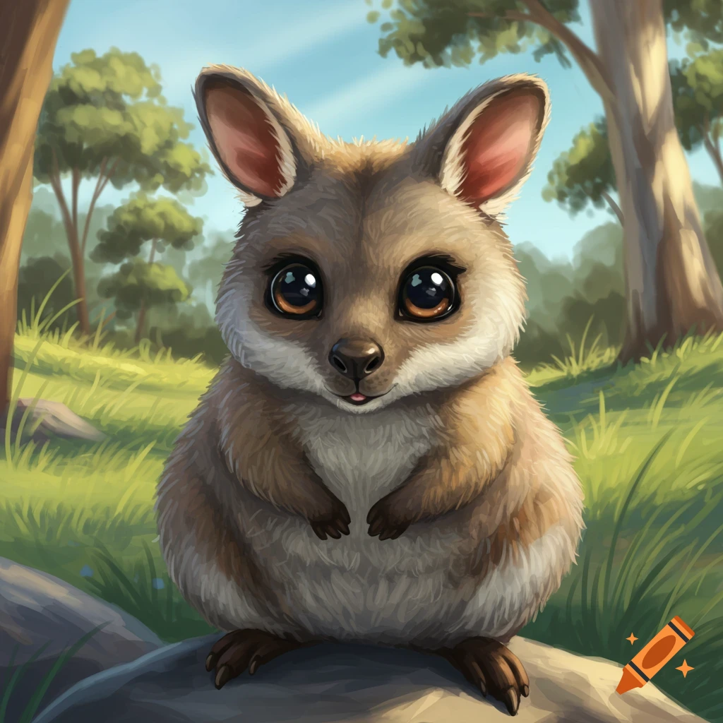 A cute cartoon wallaby sits on a rock in a forest clearing.