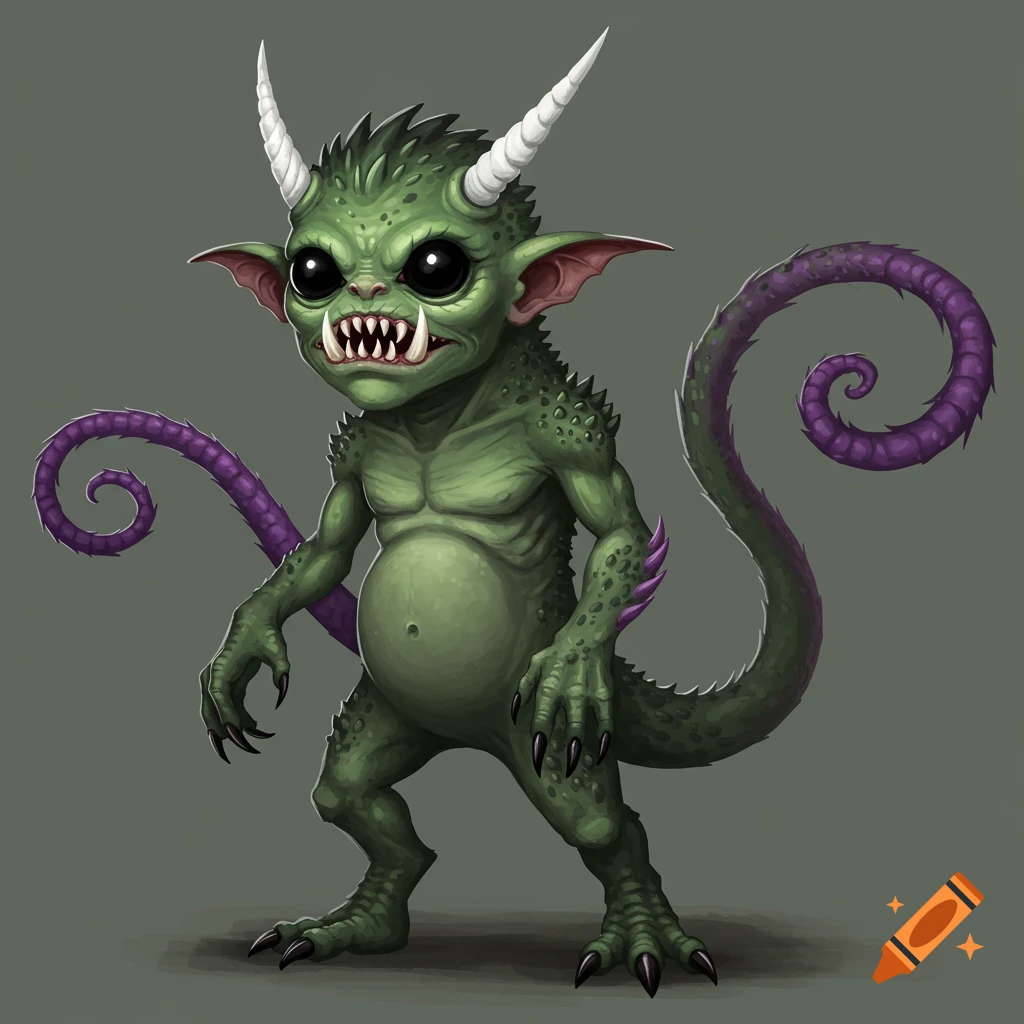 A cartoonish green monster with white horns, sharp teeth, and a long curly purple tail.