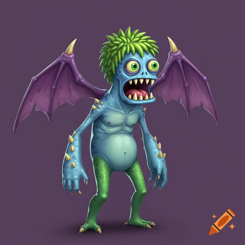 Cartoon blue monster with green hair, green legs, purple wings, and sharp teeth.