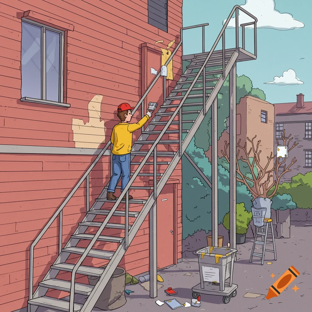Cartoon illustration of a person painting a metal exterior staircase on a red building.