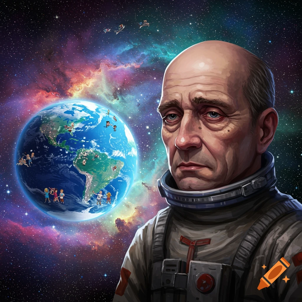 A bald man in a space suit looks sadly at Earth, which is covered in small cartoon figures, against a colorful space background.