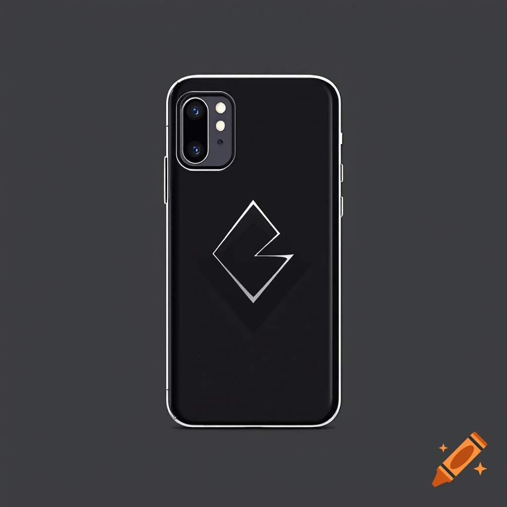 Black phone case with a silver logo on a dark background