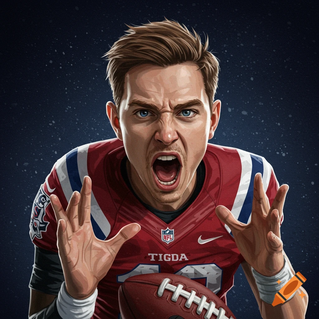 Illustration of an intense man in an American football uniform yelling while holding a football.