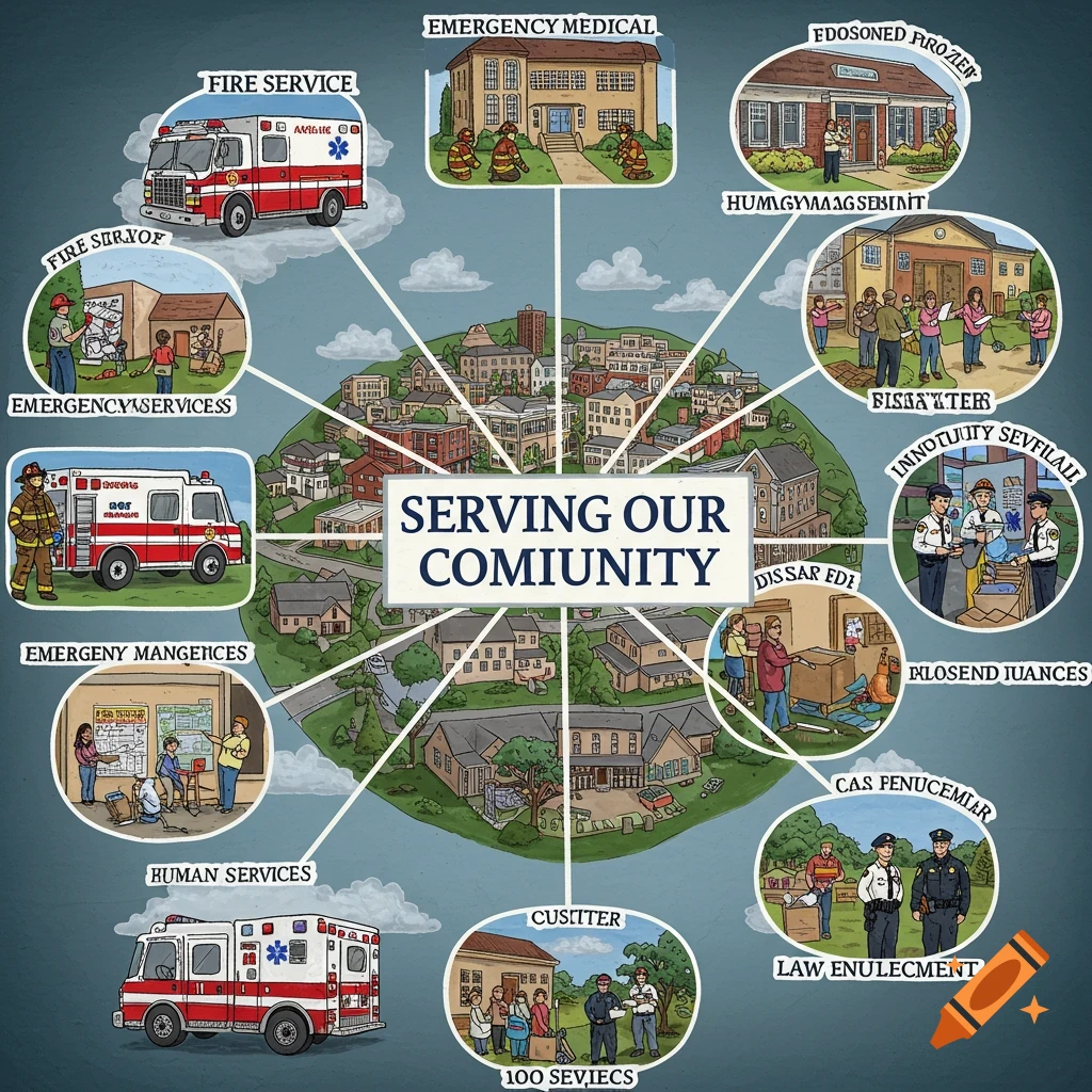Serving our community word web featuring fire service, emergency medical services, education, emergency management, human services, elected officials, and law enforcement.